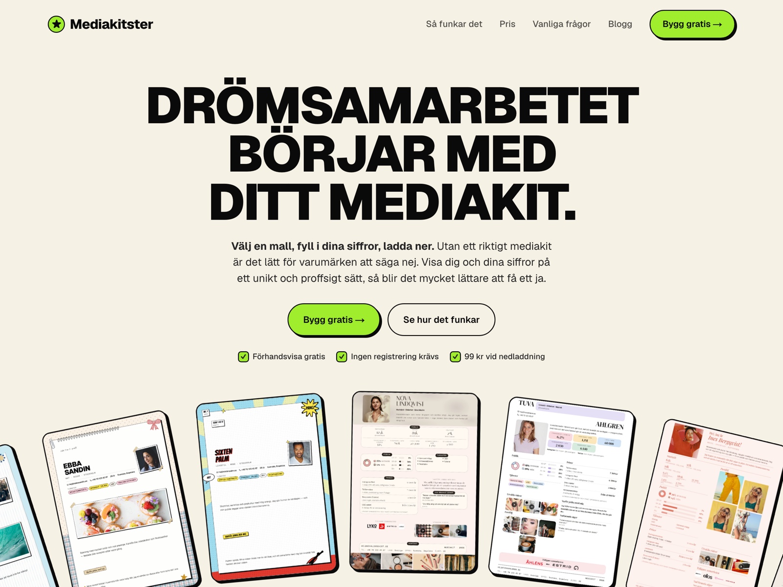 The Mediakitser home page, showing a row of media kit templates