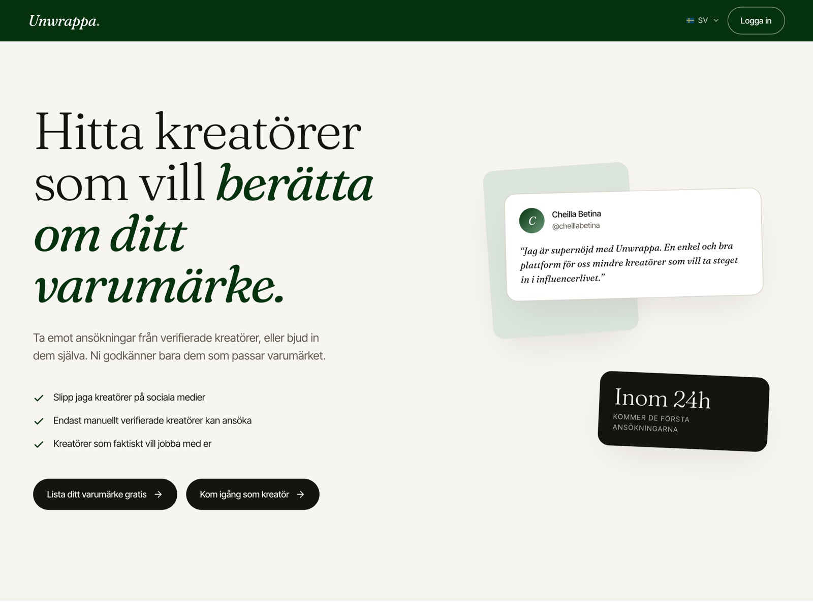 The Unwrappa home page, showing the brand side of the marketplace